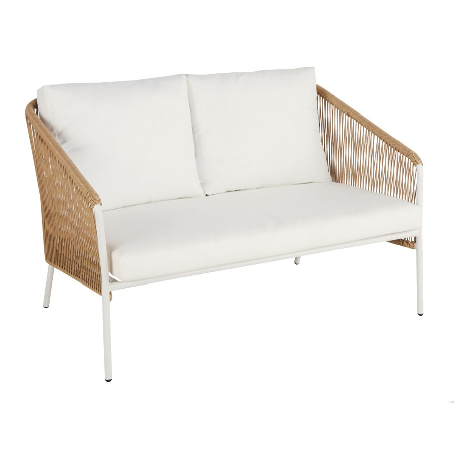 ARUN - Canapé de jardin 2 places en résine beige et métal blanc
