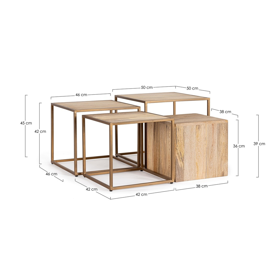 JAIDEV - Set de 4 tables basses en acier peint et bois naturel 50x50x45cm