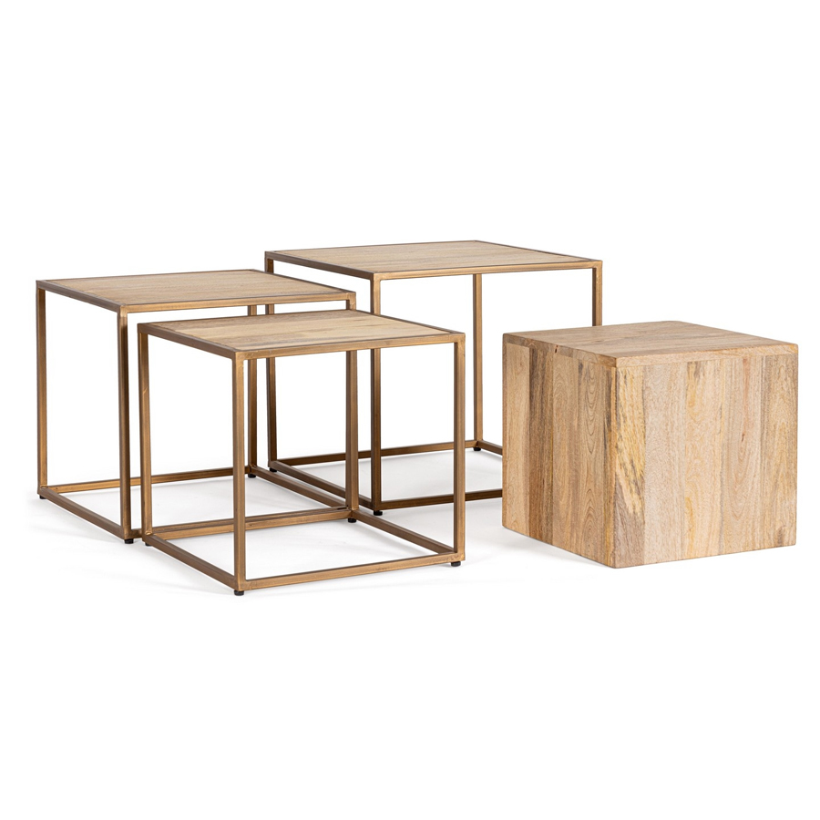 JAIDEV - Set de 4 tables basses en acier peint et bois naturel 50x50x45cm