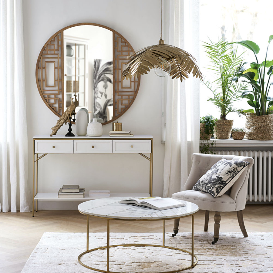 IZMIR - Table basse ronde en marbre blanc et fer doré