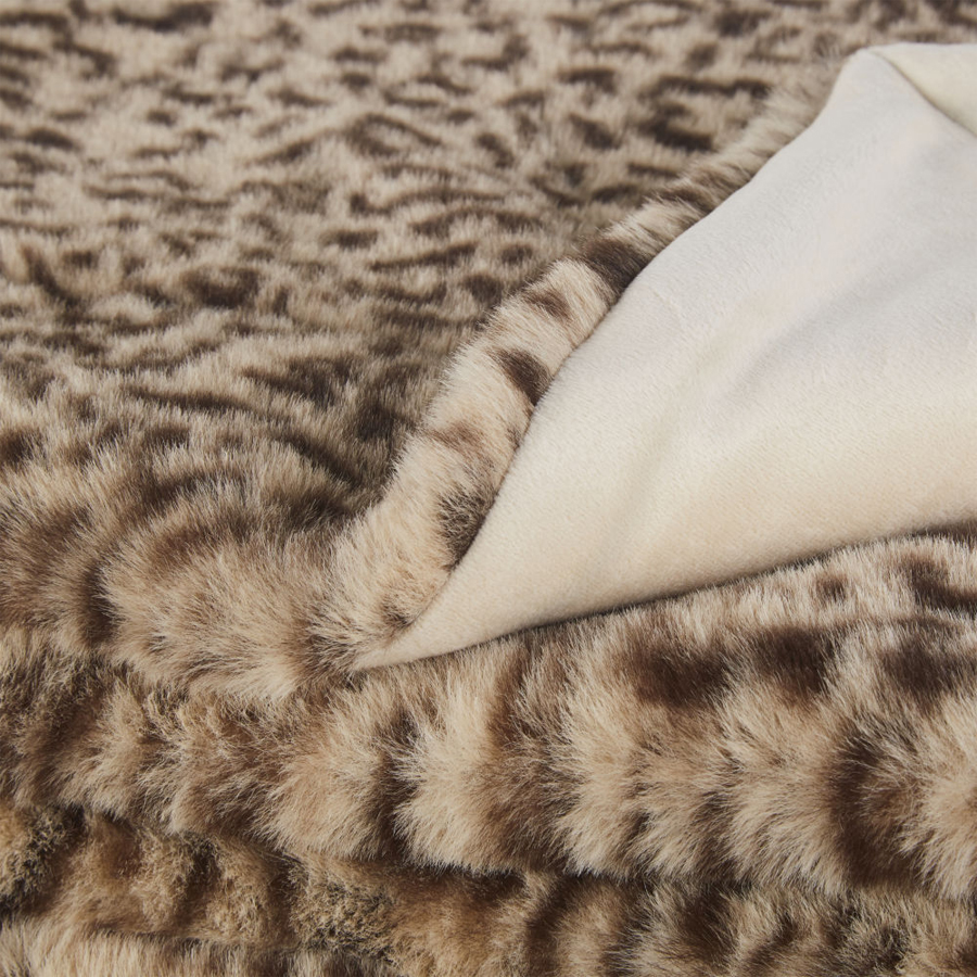 HIMALA - Plaid imitation fourrure écrue, noire et marron imprimé léopard  150x180