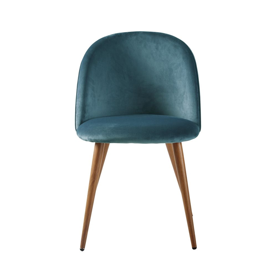 MAURICETTE - Chaise vintage en velours bleu paon et métal imitation chêne