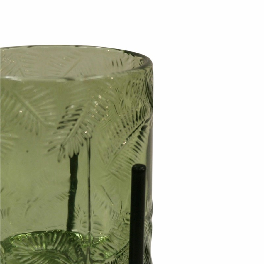 Bougeoir en verre vert design feuille sur support noir d 7X15 cm