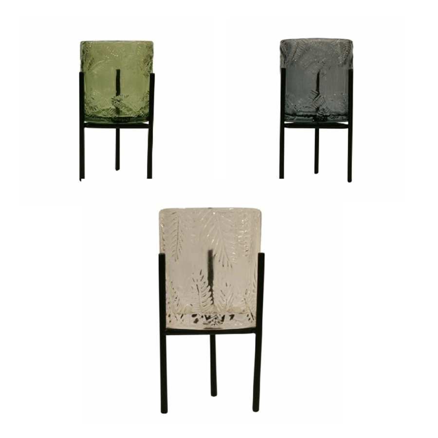 Bougeoir en verre vert design feuille sur support noir d 7X15 cm