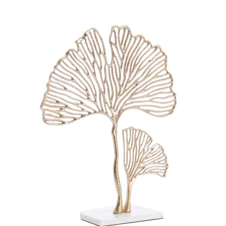Ornement sur socle 36x10x48 cm FEUILLE or + marbre blanc