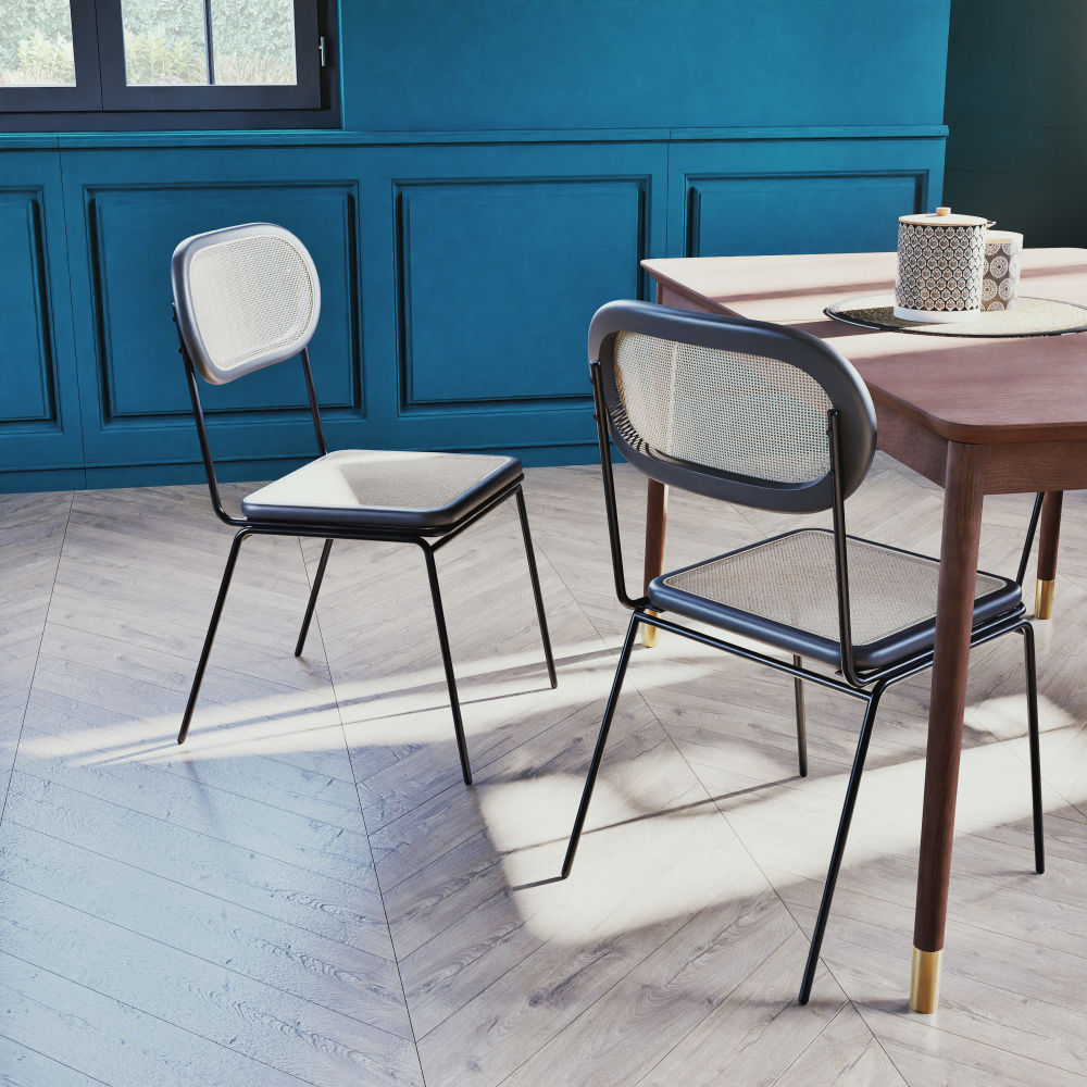Chaise Alba en acier noir et bois de bouleau avec rotin synthétique