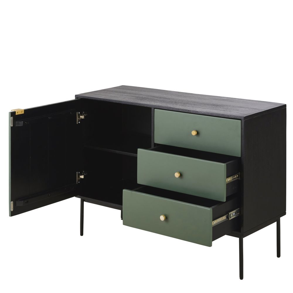 Buffet Manaos 1 porte 3 tiroirs noir et vert motif sculpté feuillage