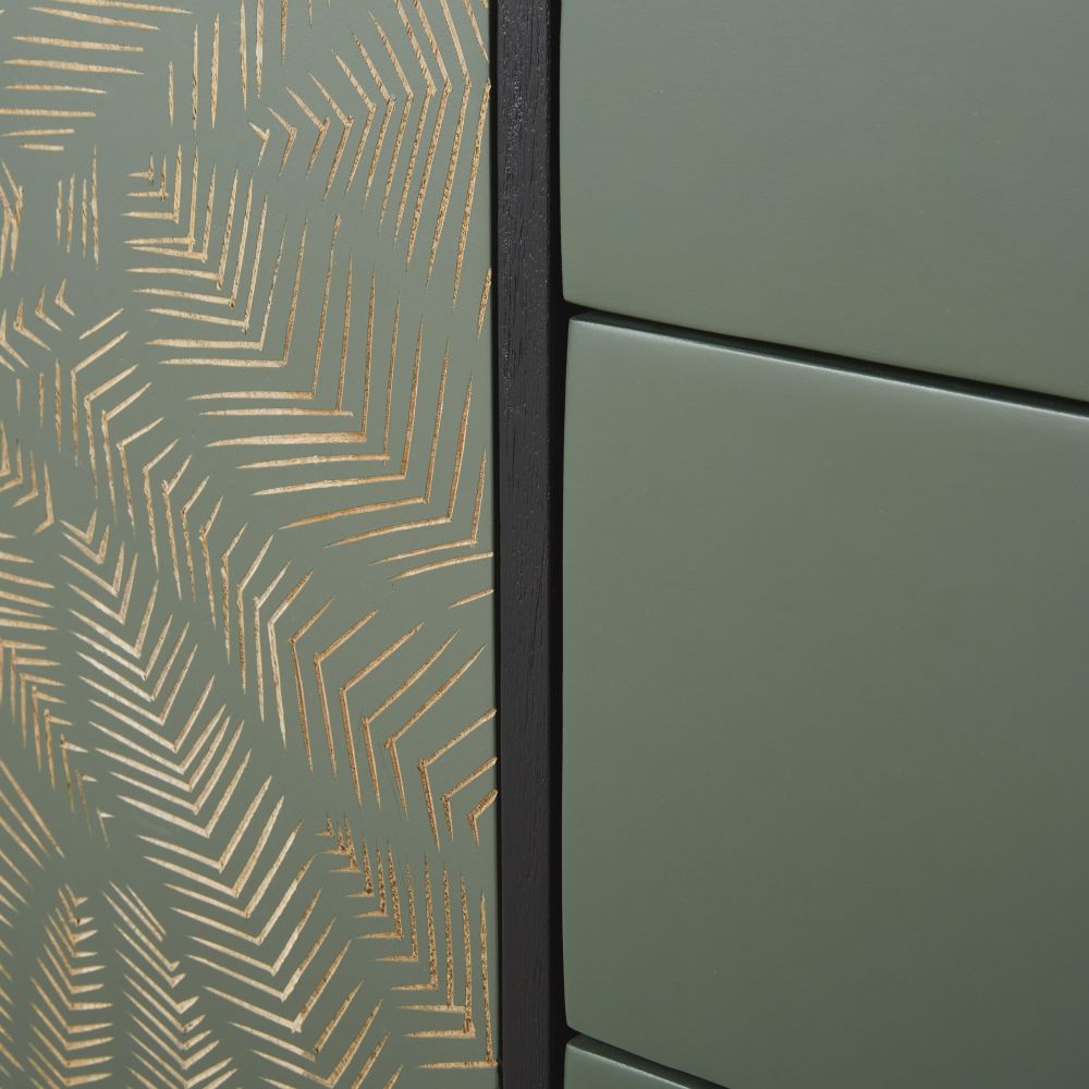 Buffet Manaos 1 porte 3 tiroirs noir et vert motif sculpté feuillage