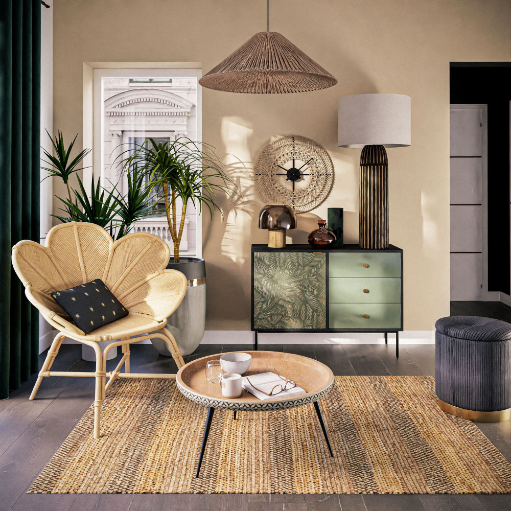 Buffet Manaos 1 porte 3 tiroirs noir et vert motif sculpté feuillage