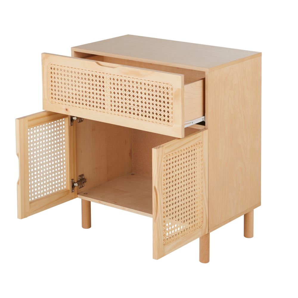 Petit meuble de rangement Asir 2 portes 1 tiroir cannage en pin