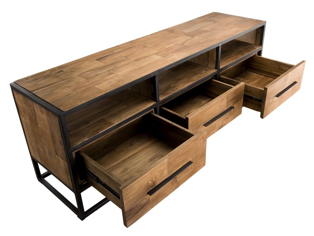 Meuble TV Madurai en bois manguier 3 tiroirs et métal 150cm