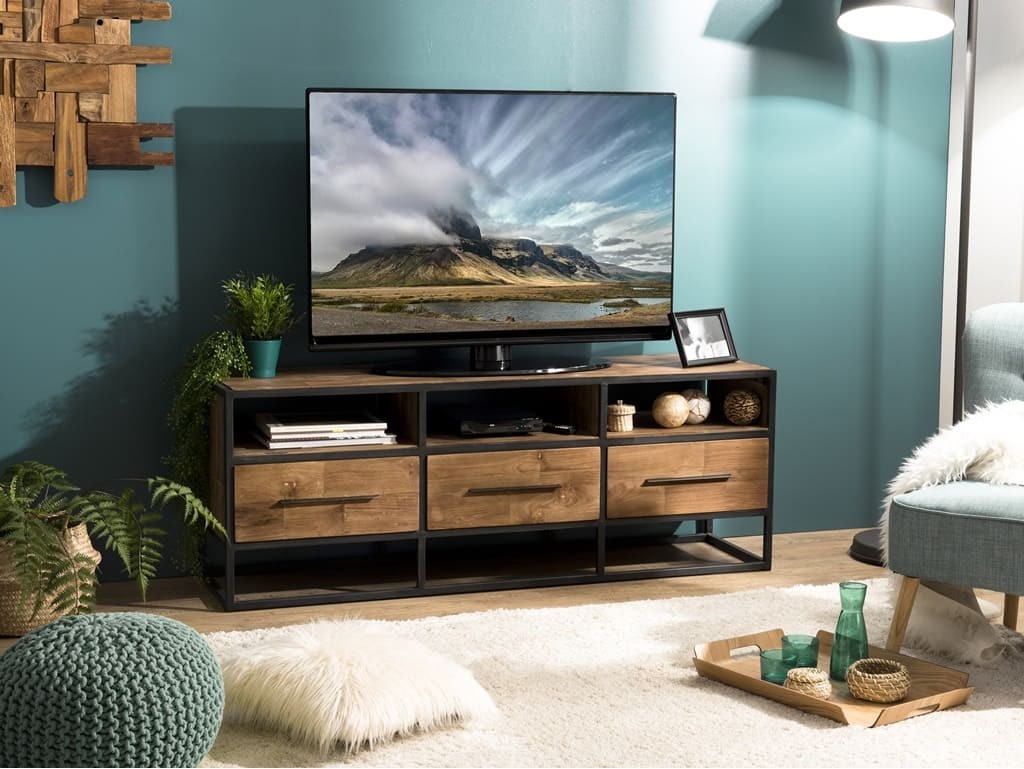 Meuble TV Madurai en bois manguier 3 tiroirs et métal 150cm