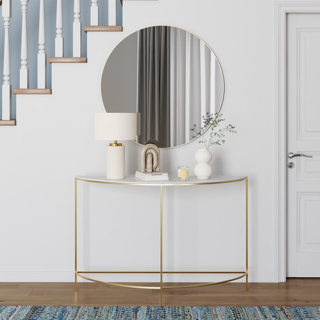 Console arrondie en métal coloris laiton et marbre blanc
