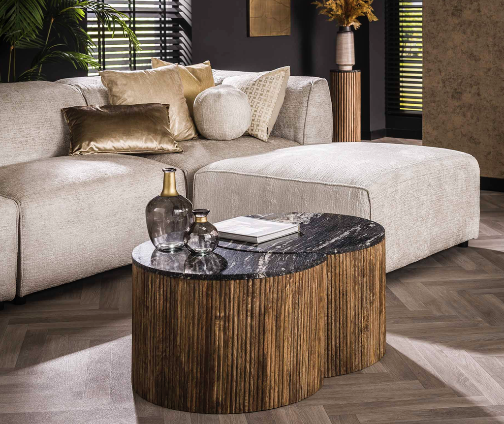 Tables basses demi-lune marbre noir et bois