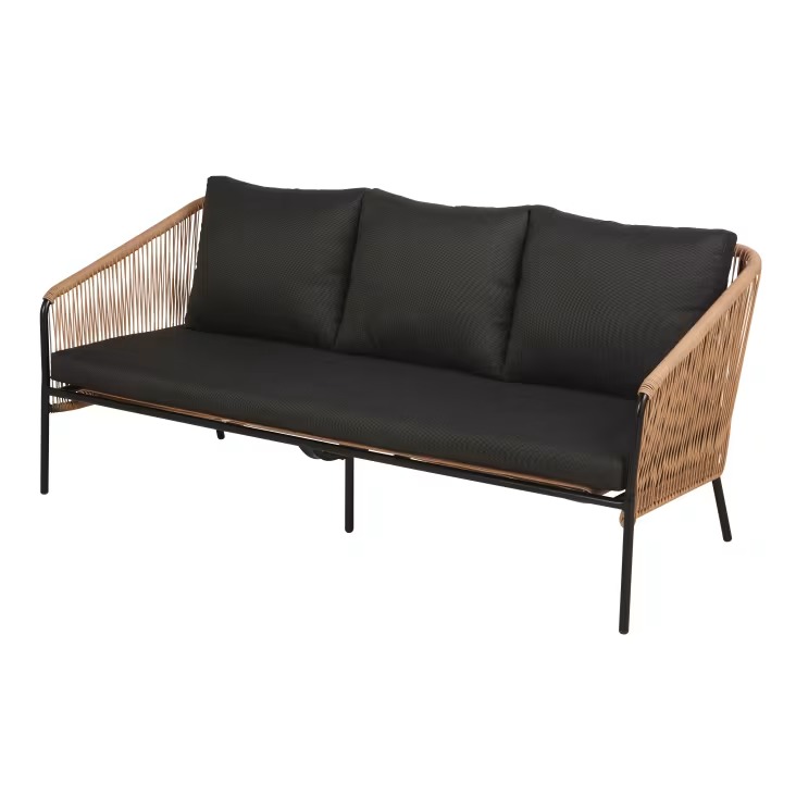 Canapé de jardin Arun 3 places en résine recyclée beige, métal noir et coussins en polyester recyclé noir