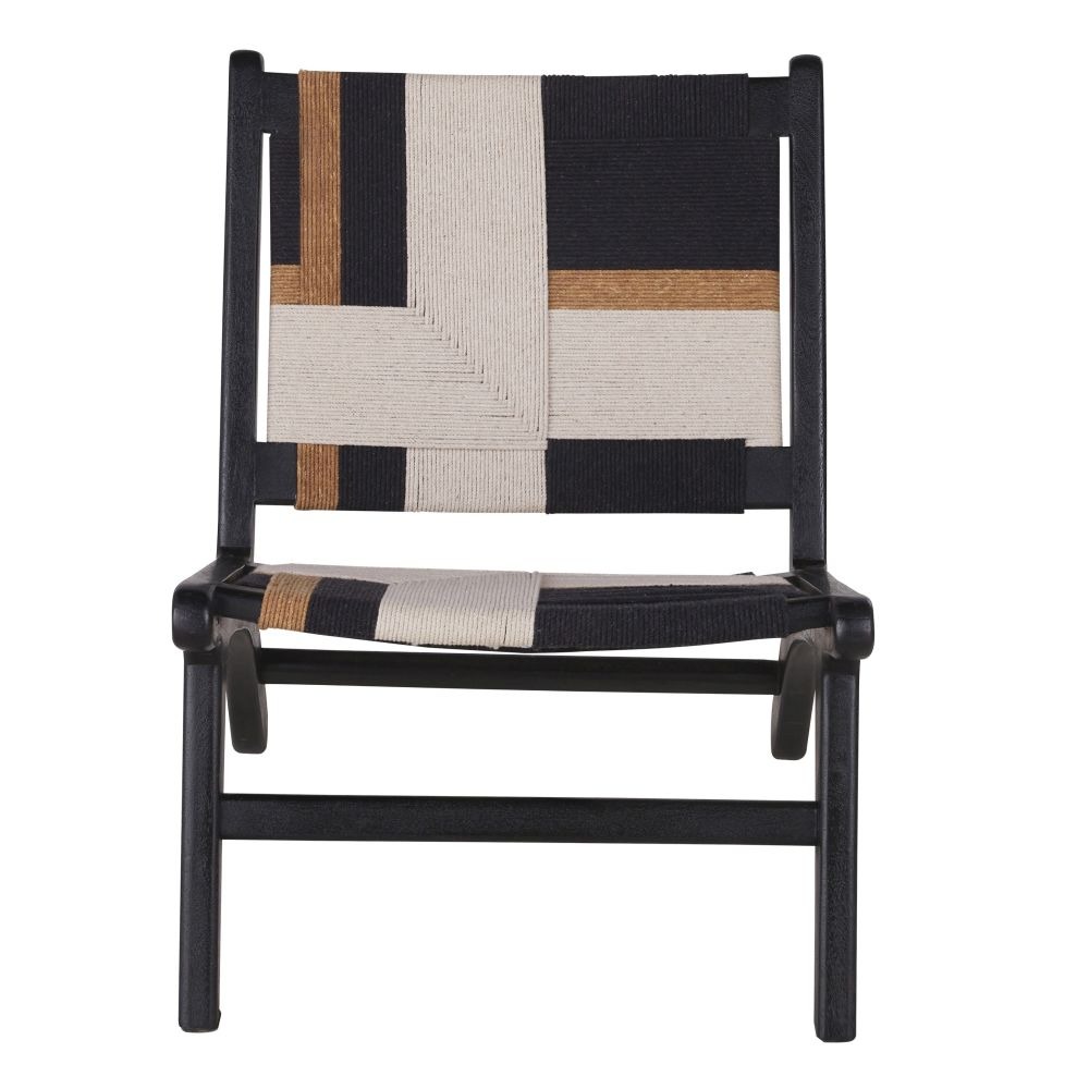 Fauteuil bas Swahi en bois de manguier et coton beige, noir et marron