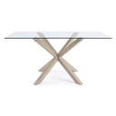 MAY - Table à manger en verre trempé, pieds en acier effet bois naturel 160x90