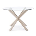 MAY - Table à manger en verre trempé, pieds en acier effet bois naturel D114