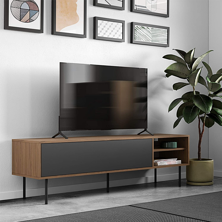 AMPÈRE - Meuble TV Noyer et gris anthracite avec abattant L165x47,9
