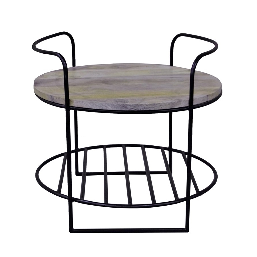 ERENA - Table d'appoint en bois et métal noir 2 niveaux, D50xH45cm
