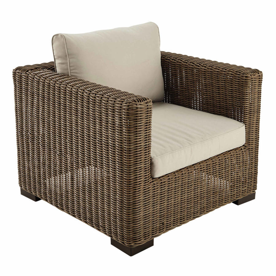 FIDJI - Fauteuil de jardin en résine tressée et tissu beige sable