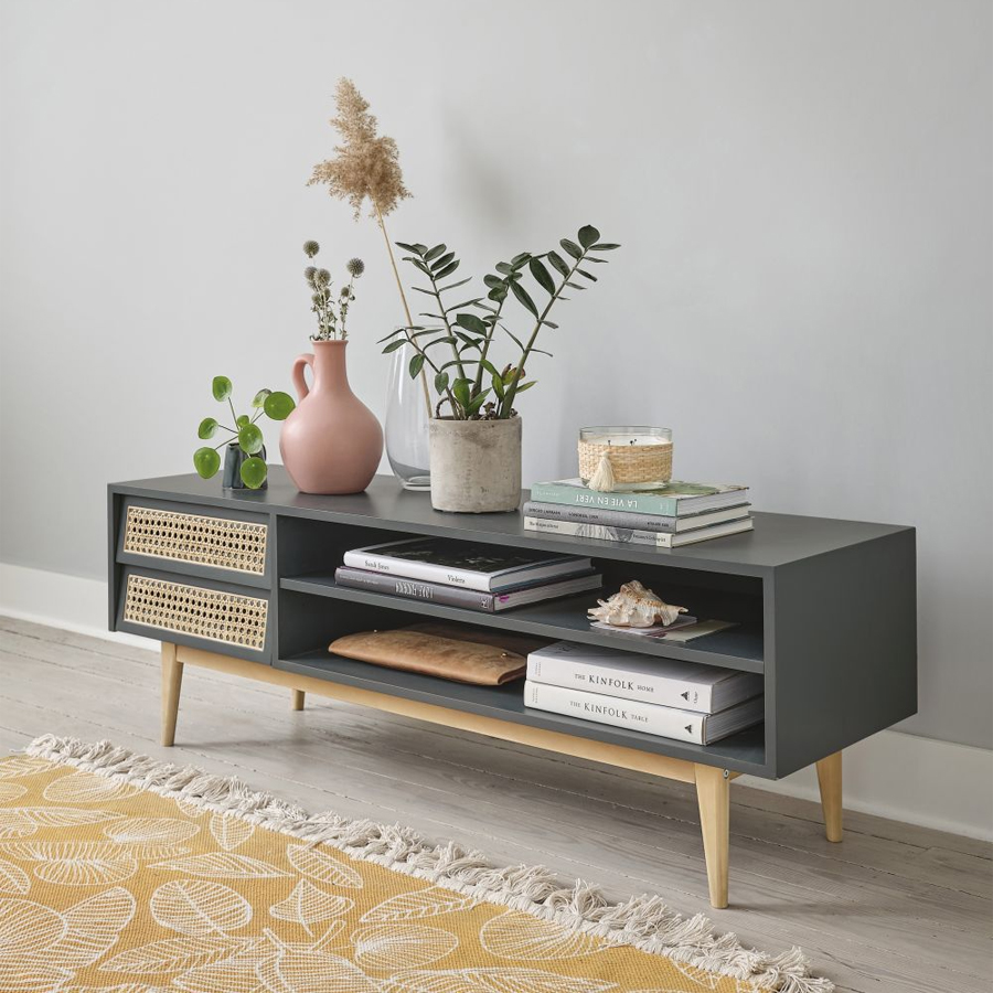 FLEURELLE - Tapis en coton écru et jaune moutarde avec pompons 140x200