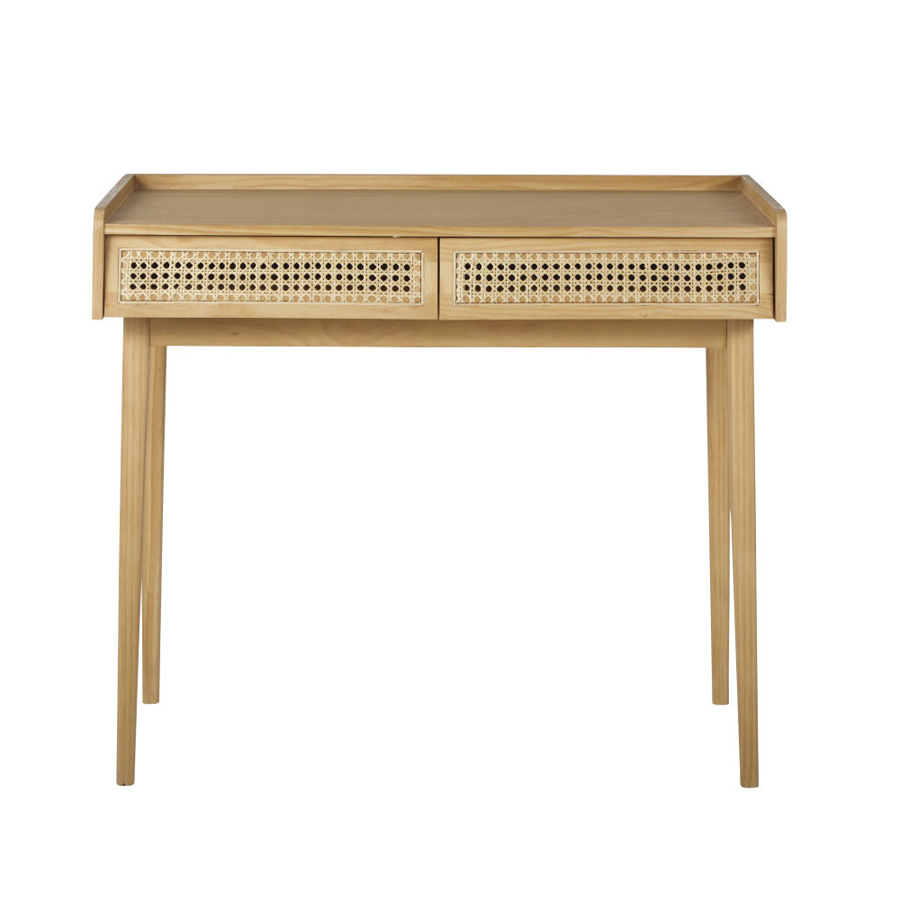 Bureau vintage Suzelle 2 tiroirs en pin et cannage en rotin
