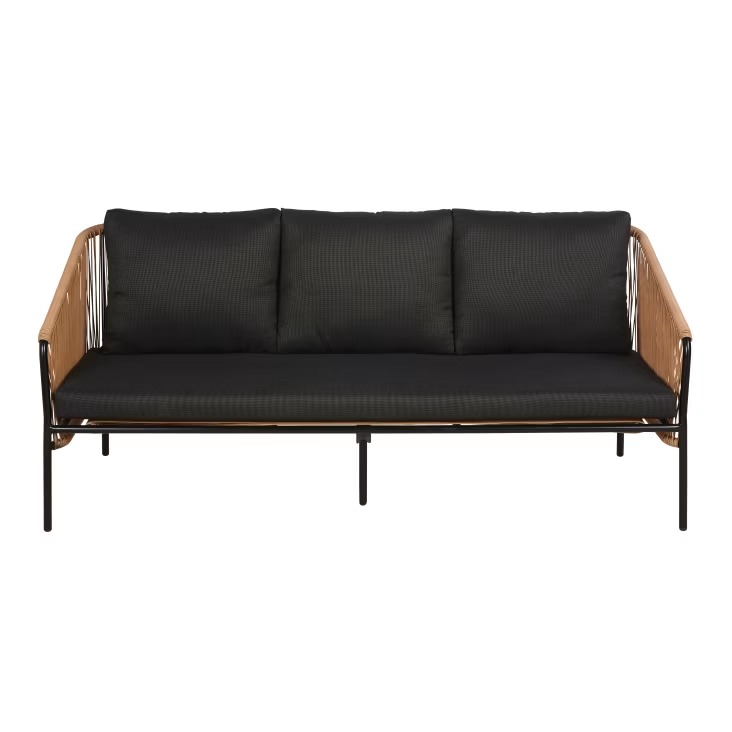 Canapé de jardin Arun 3 places en résine beige, métal noir avec coussins noir
