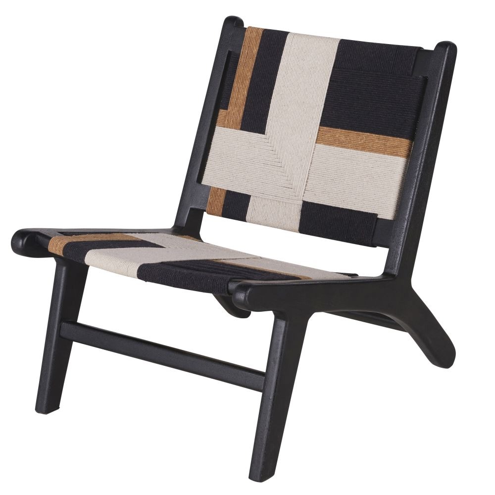 Fauteuil bas Swahi en bois de manguier et coton beige, noir et marron