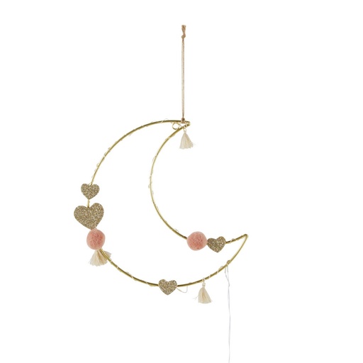 [CN522593] NEELA - Décoration lumineuse lune en métal doré et rose avec pompons et cœurs pailletés