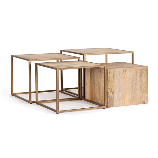 [BIZ0746932] JAIDEV - Set de 4 tables basses en acier peint et bois naturel 50x50x45cm