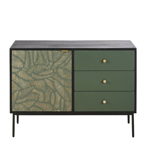 [CN023875] Buffet Manaos 1 porte 3 tiroirs noir et vert motif sculpté feuillage