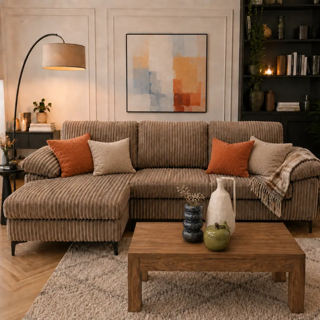 Plongez dans le confort absolu avec le Canapé d'Angle Droite Marcel 3/4 places, un véritable chef-d’œuvre qui marie confort inégalé et design intemporel. habillé d’un tissu côtelé taupe, séduit par son assise spacieuse