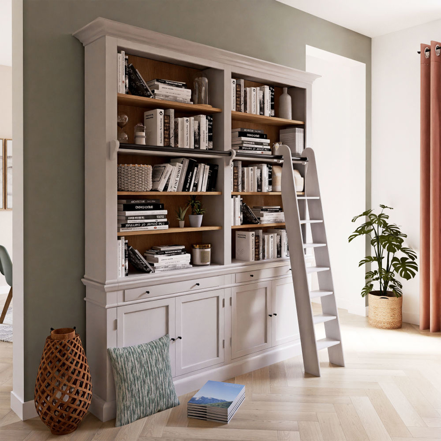 VERSAILLES - Bibliothèque 2 tiroirs 4 portes avec échelle blanche