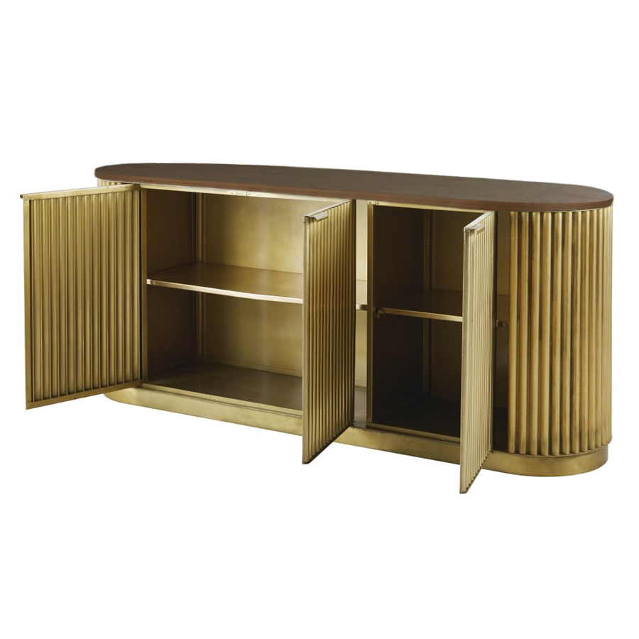 LOUXOR - Buffet 3 portes en métal ondulé coloris laiton et bois