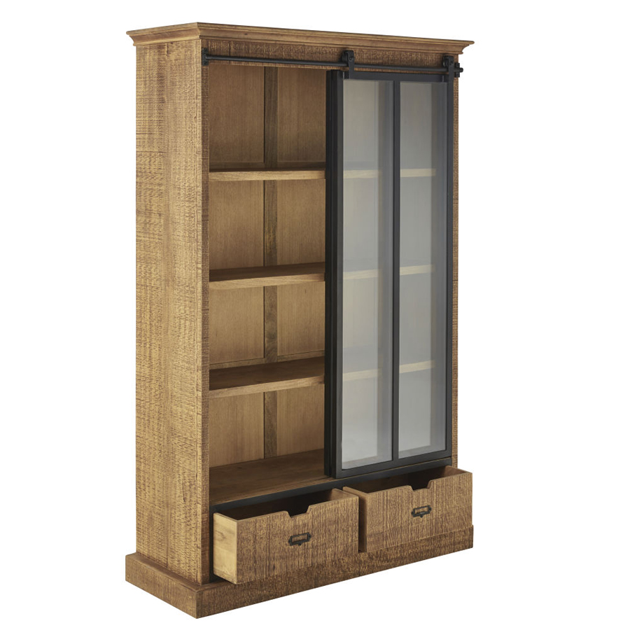 GERMAIN - Vitrine industrielle 1 porte coulissante 2 tiroirs bicolore