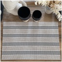 Set de table rectangulaire en PVC rayé noir, présenté sur une table avec des accessoires décoratifs - Dakar, Sénégal