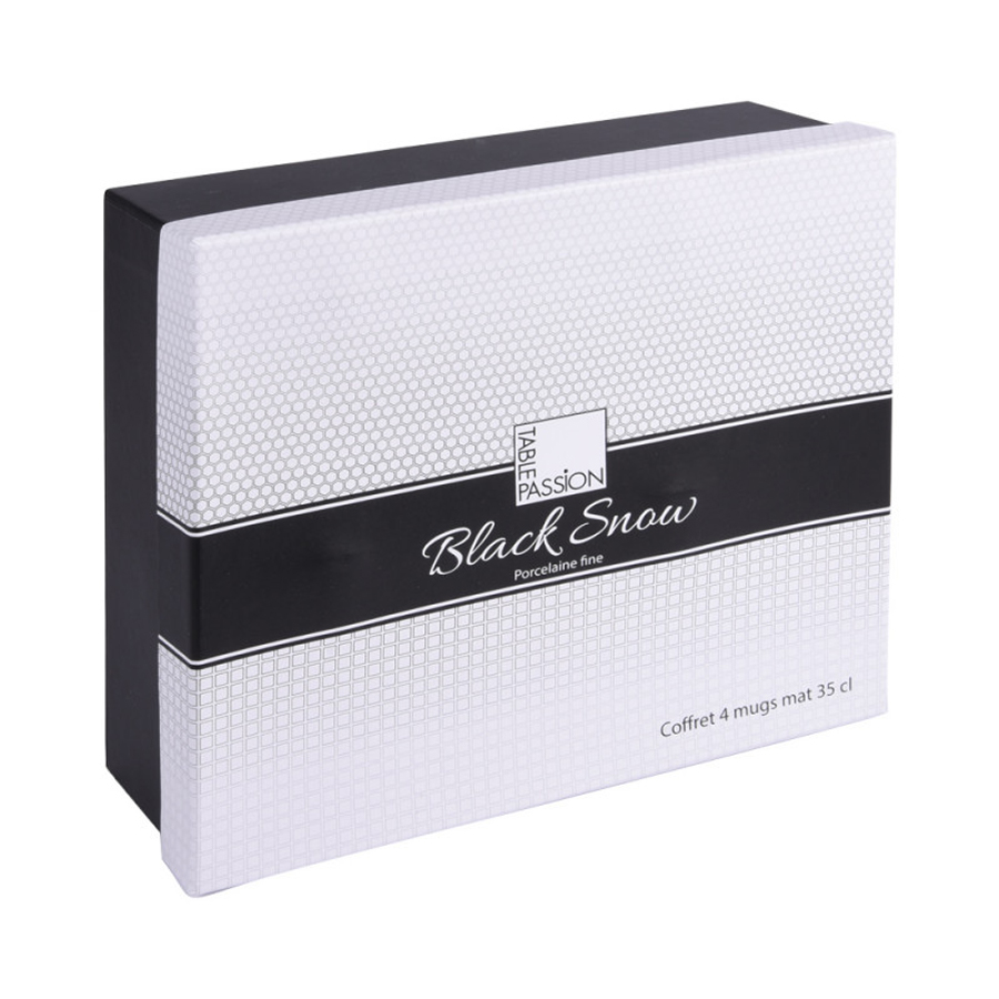 Boîte d'emballage du coffret Black Snow contenant 4 gobelets en porcelaine fine de 35 cl, finition noir mat - Dakar, Sénégal