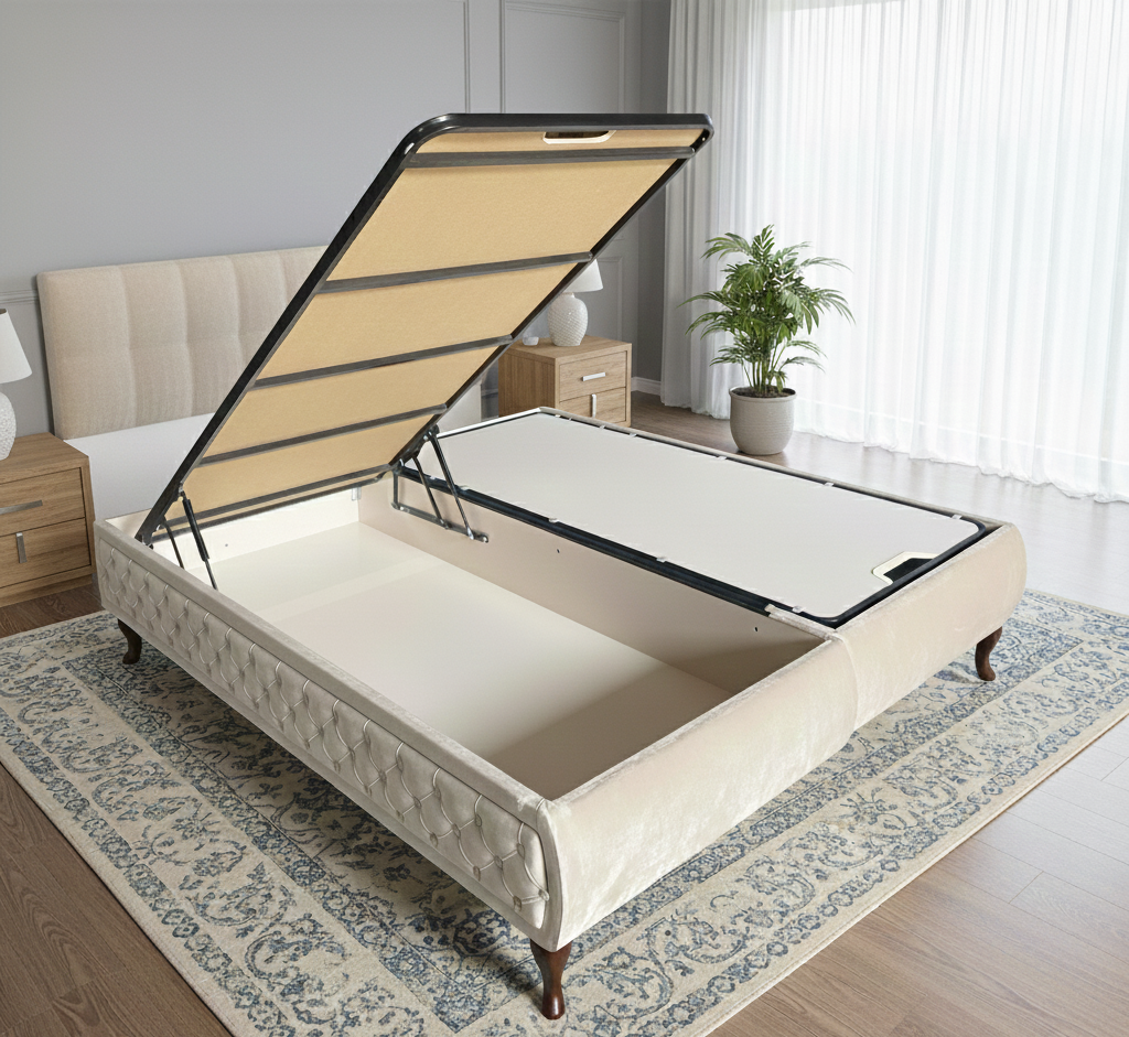 ELEGANT - Cadre de lit velours beige, pieds en métal noir 180x200