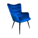 Fauteuil en velours bleu royal avec dossier matelassé et pieds en métal noir, design élégant et contemporain, idéal pour un intérieur moderne et raffiné, Dakar, Sénégal.