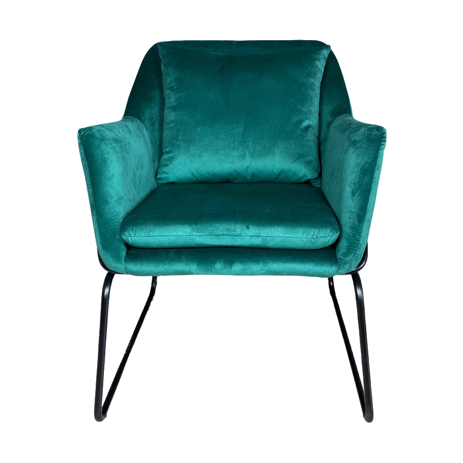 Fauteuil en velours vert élégant avec pieds en métal noir, design moderne et confortable, Dakar, Sénégal.