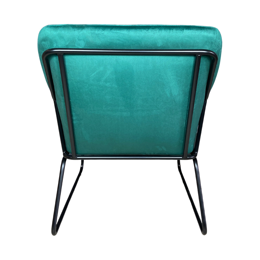 Arrière du fauteuil en velours vert, structure robuste en métal noir, idéal pour un salon chic, Dakar, Sénégal.