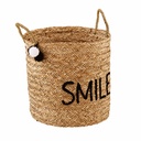 Panier brodé en vannerie Smile Joy avec inscription Smile, idéal pour ranger des jouets ou objets dans une chambre d'enfant. Dakar, Sénégal.