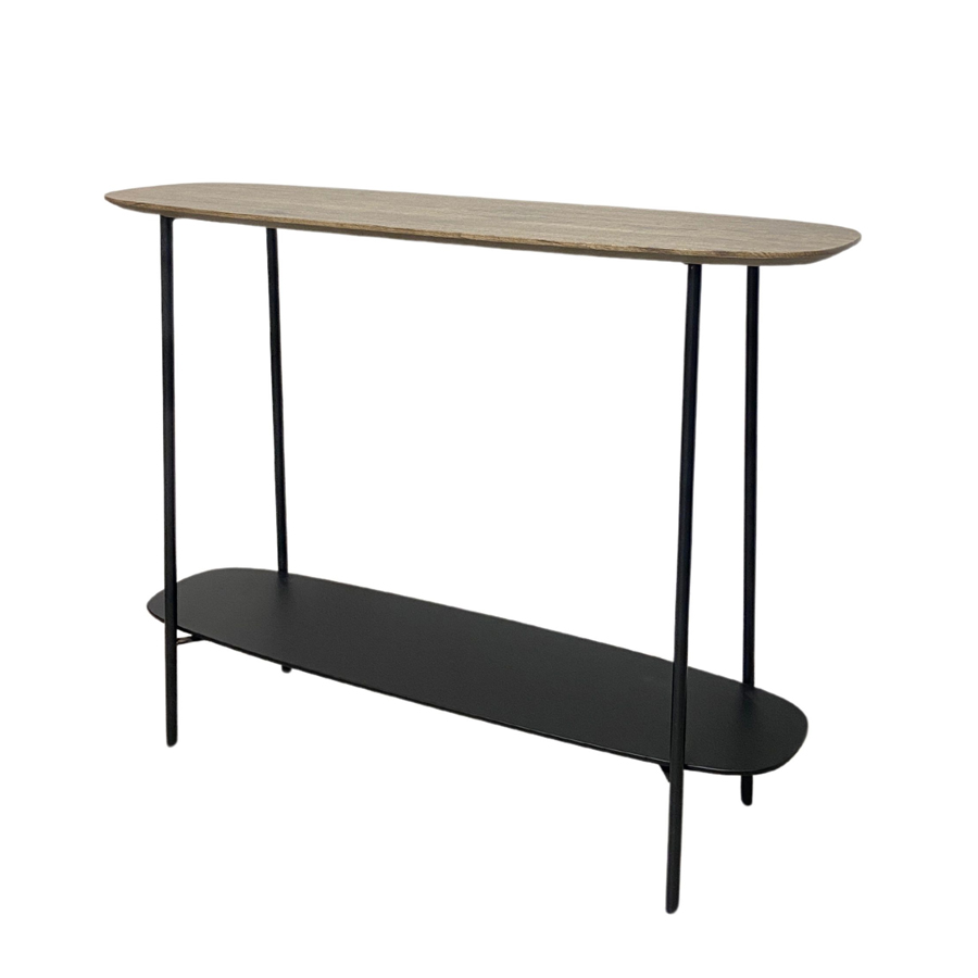 Vue complète de la console avec plateau en bois et structure en métal noir, idéale pour un intérieur moderne, Dakar, Sénégal.