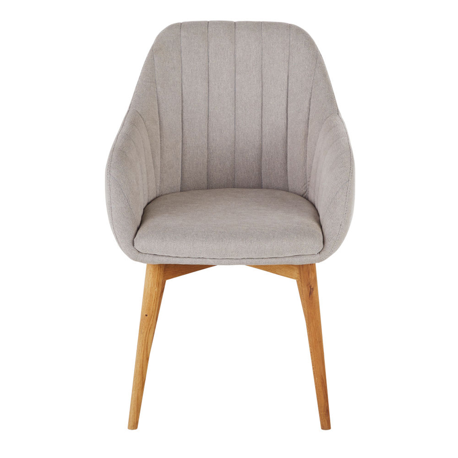 Fauteuil Archie de table vu de face, tissu gris clair tramé, pieds en bois de chêne, design intemporel - Dakar, Sénégal.
