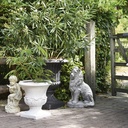Coupe de jardin Eyguières en résine gris anthracite utilisée comme décoration extérieure parmi des plantes et des statues dans un jardin à Dakar, Sénégal.