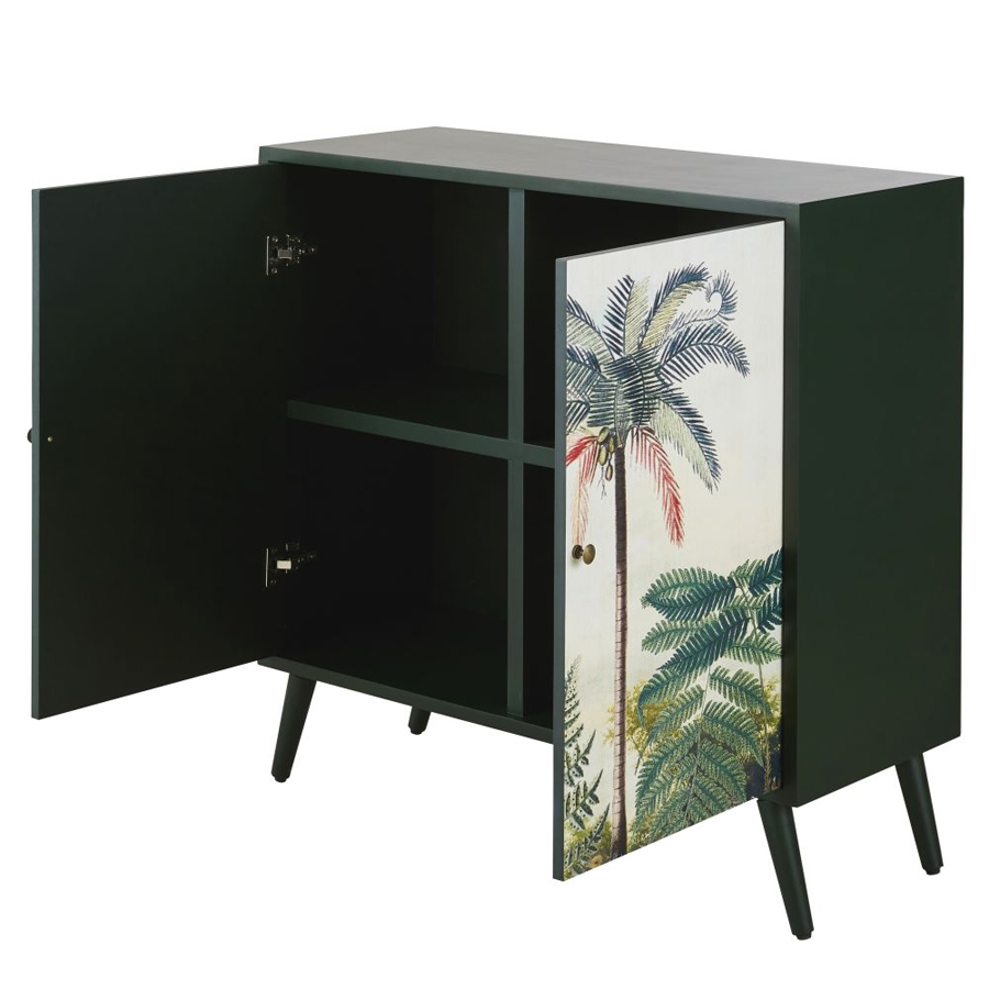 Buffet Palmyre vert avec portes ouvertes et imprimé végétal, Dakar, Sénégal.