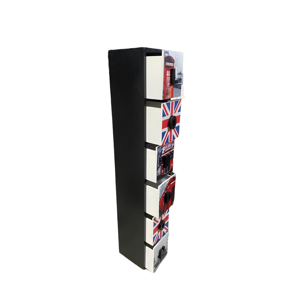 Colonne 6 tiroirs London avec motifs londoniens, vue de profil affichant le design étroit. Disponible à Dakar, Sénégal.