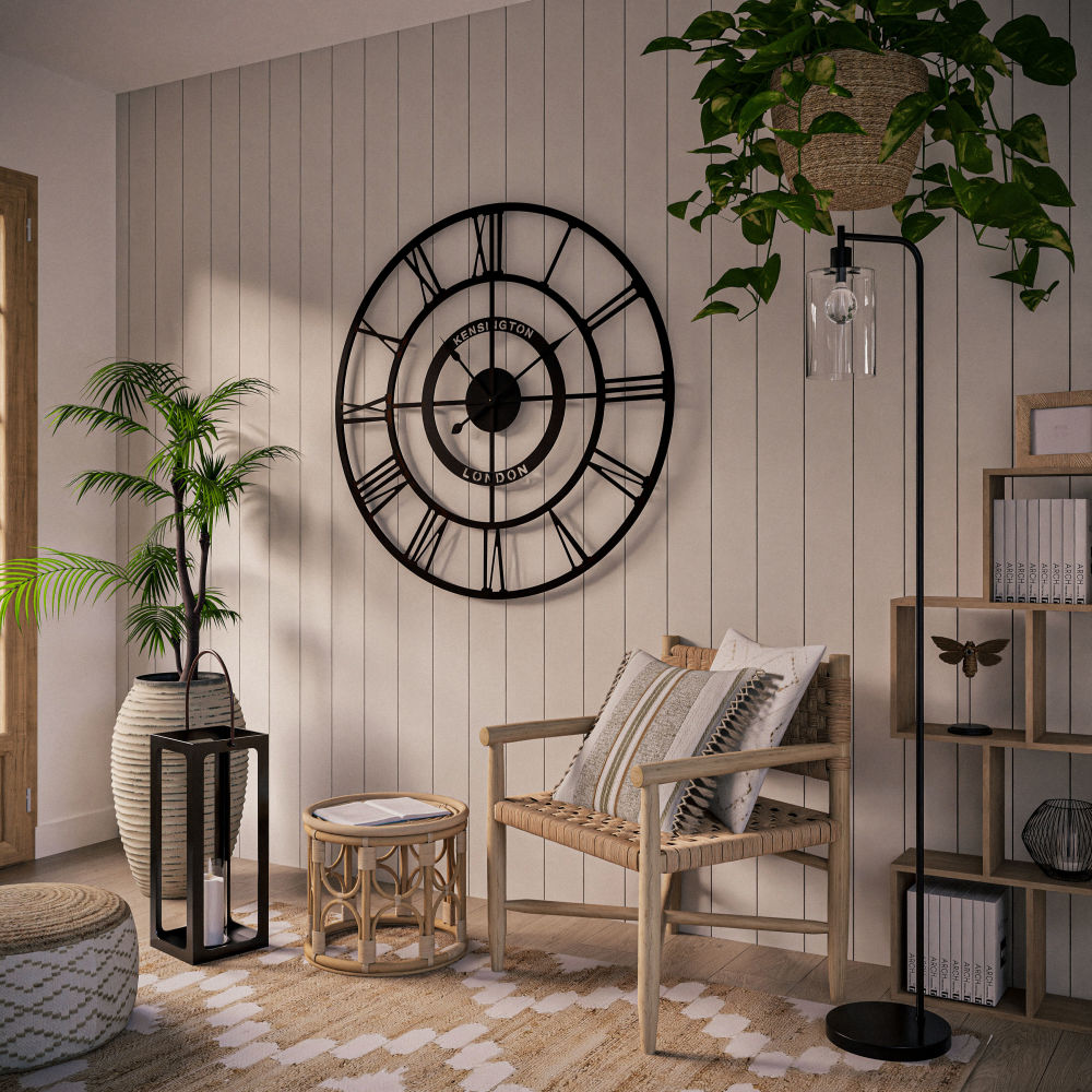 Étagère Aluanda dans un salon moderne avec décoration naturelle et horloge murale. Disponible à Dakar, Sénégal.