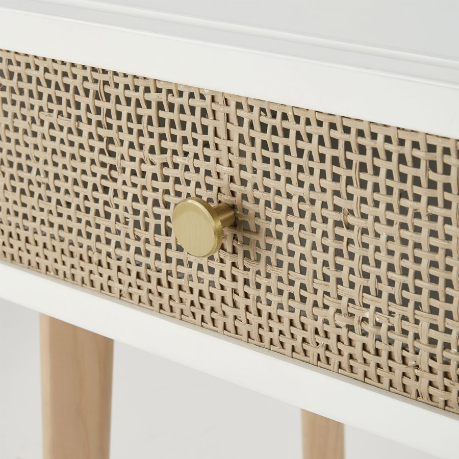 Table de chevet YSEE, design en pin naturel et rotin tressé, finition mate, Dakar Sénégal